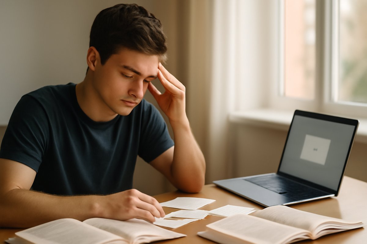 College student practicing active recall by reciting notes from memory at a study desk