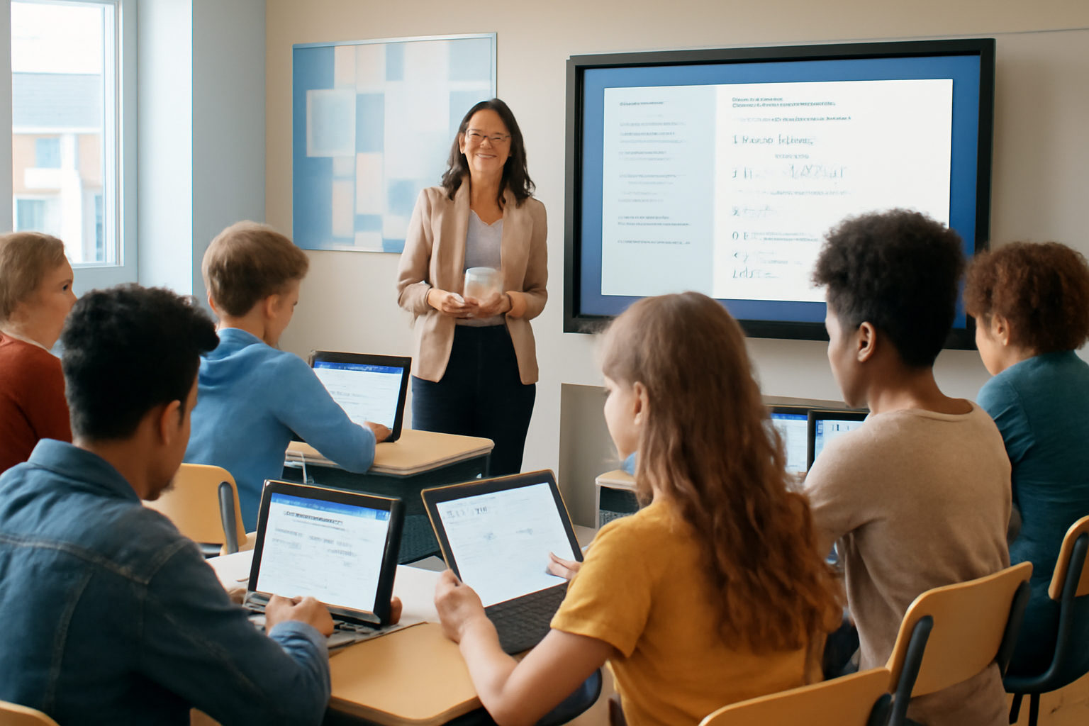 Students using AI-powered learning tools on laptops in a modern classroom with a teacher at the whiteboard