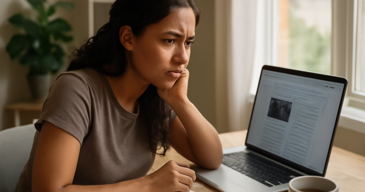 Hispanic college student evaluating online information on a laptop at a home desk to build digital literacy skills