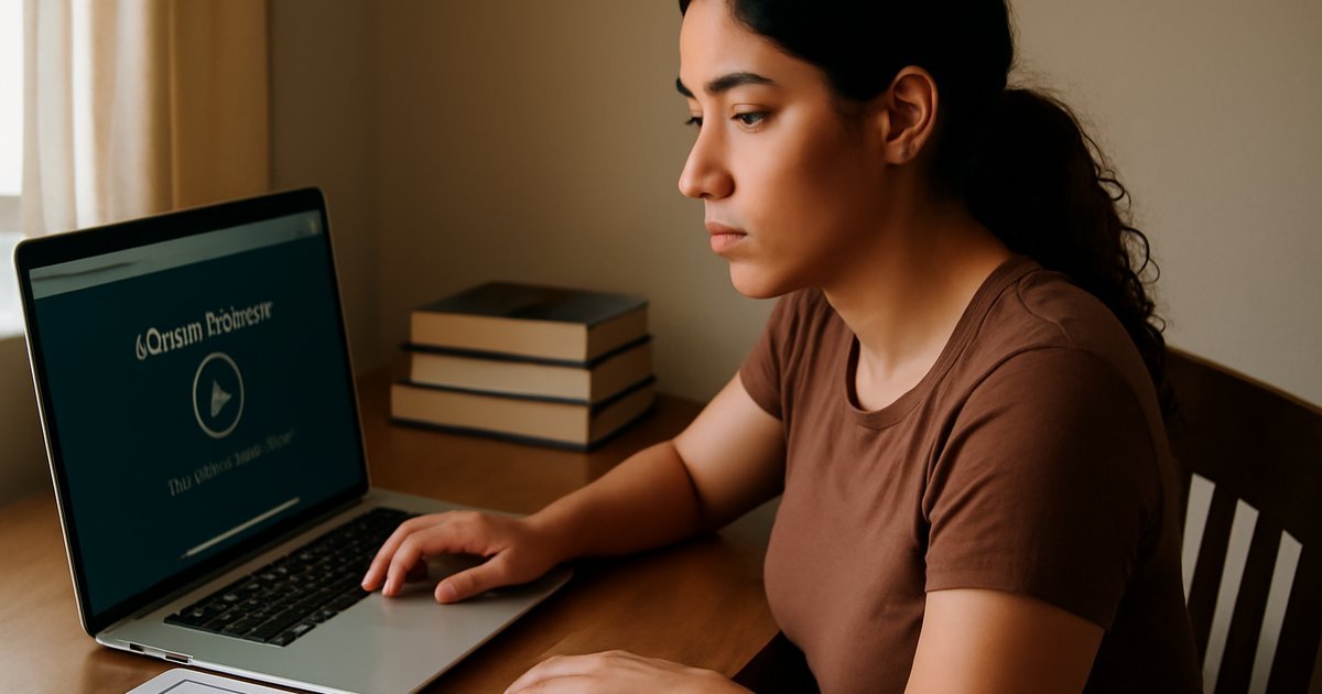 Hispanic woman completing a free online course with certificate on her laptop at home desk