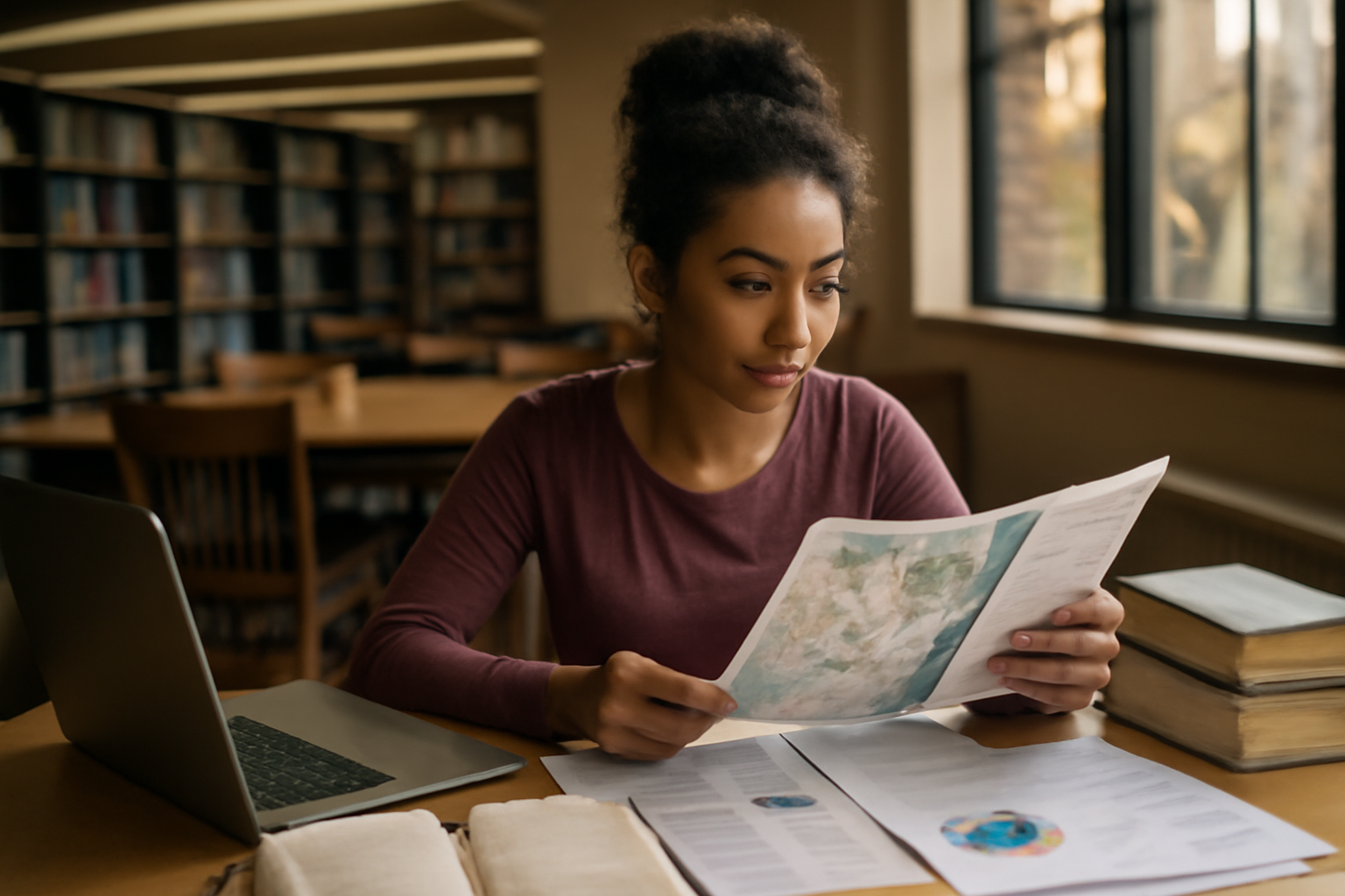 College student researching how to choose a major aligned with career goals at a library desk