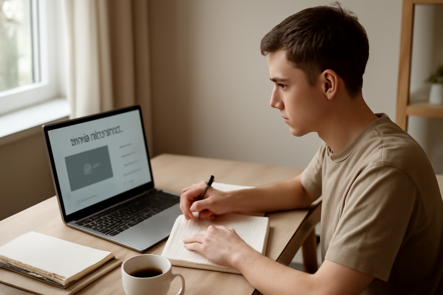 Student studying online effectively at a well-organized desk with a laptop and notes