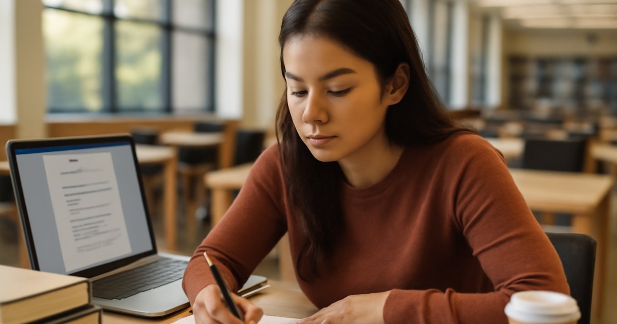 Hispanic female college student writing resume notes at a university library desk with laptop open