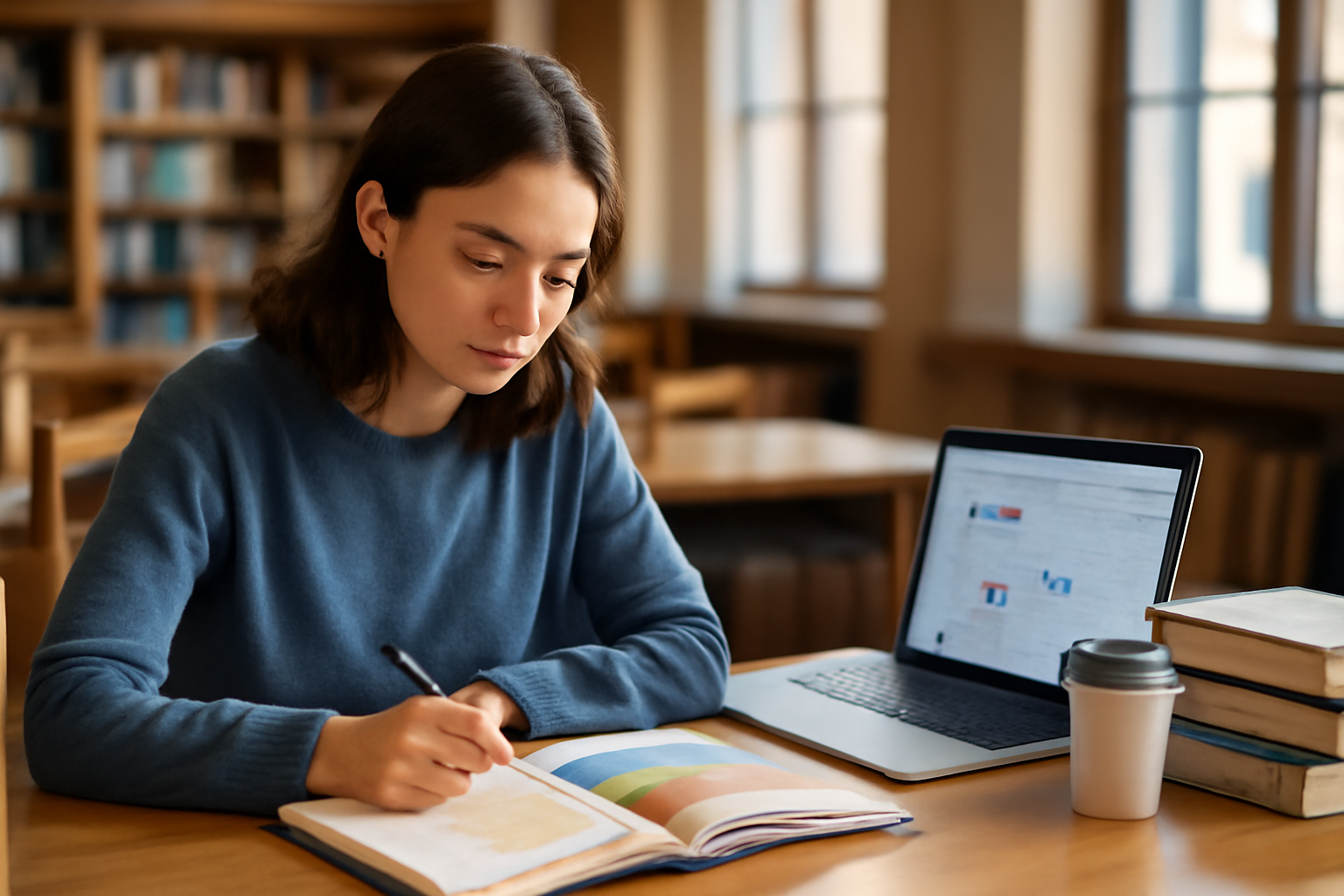 College student planning weekly schedule with a planner and laptop at a library desk