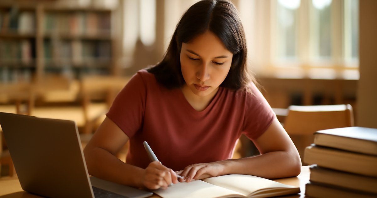 Hispanic female college student writing notes at a library desk with books and laptop open